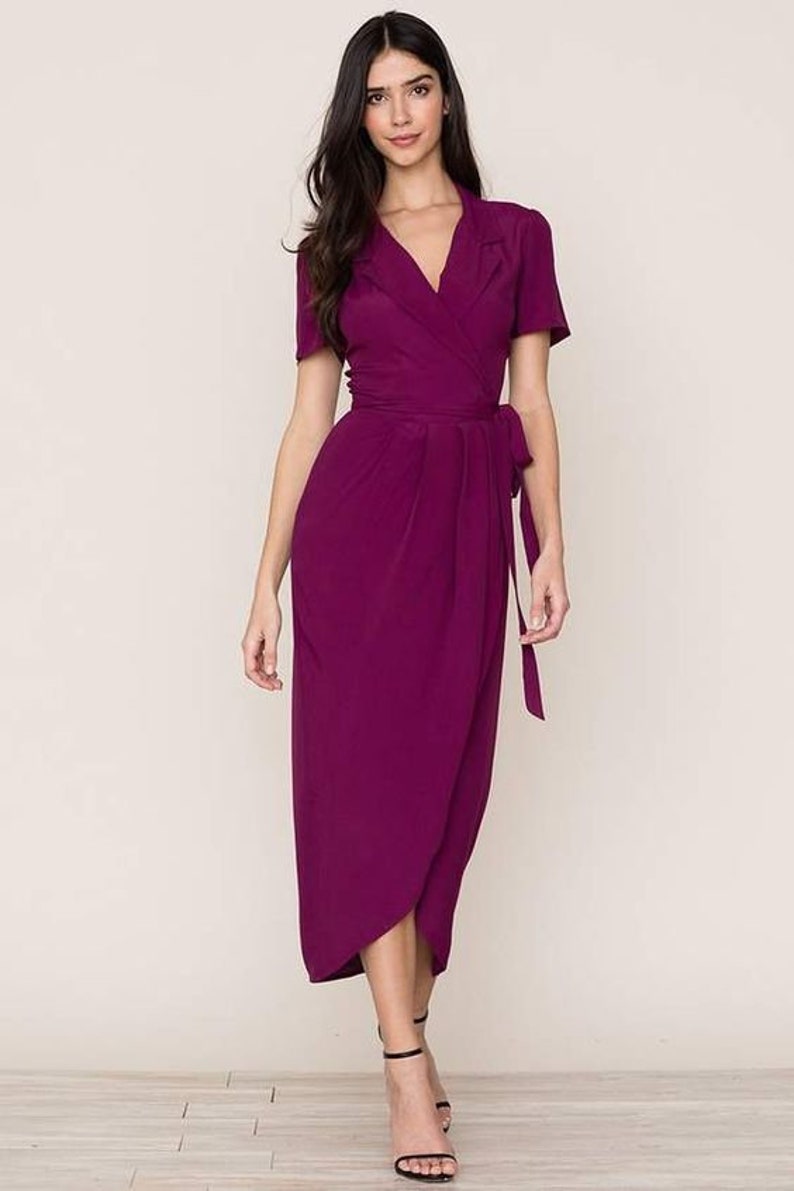Tulip skirt midi wrap dress in purple