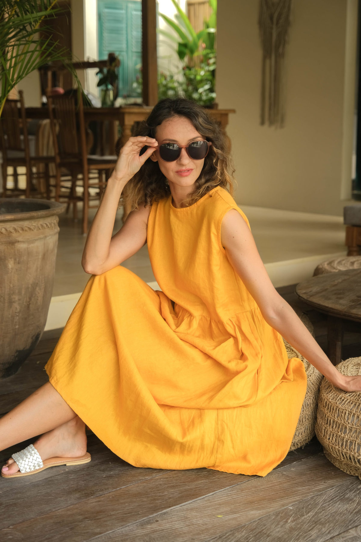 Natural Linen Sleeveless Midi Dress in Yellow